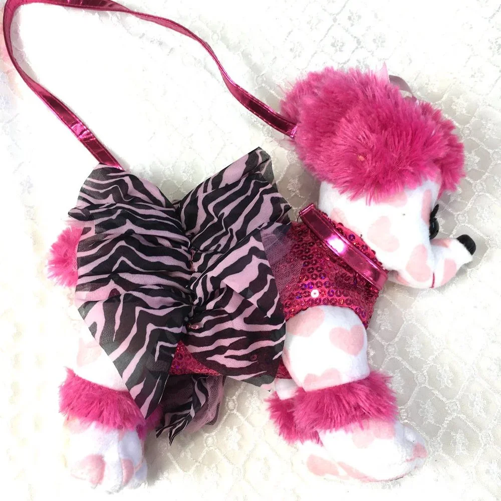 Justice Pink Poodle Plush Purse w/ Hearts & Zebra Skirt
